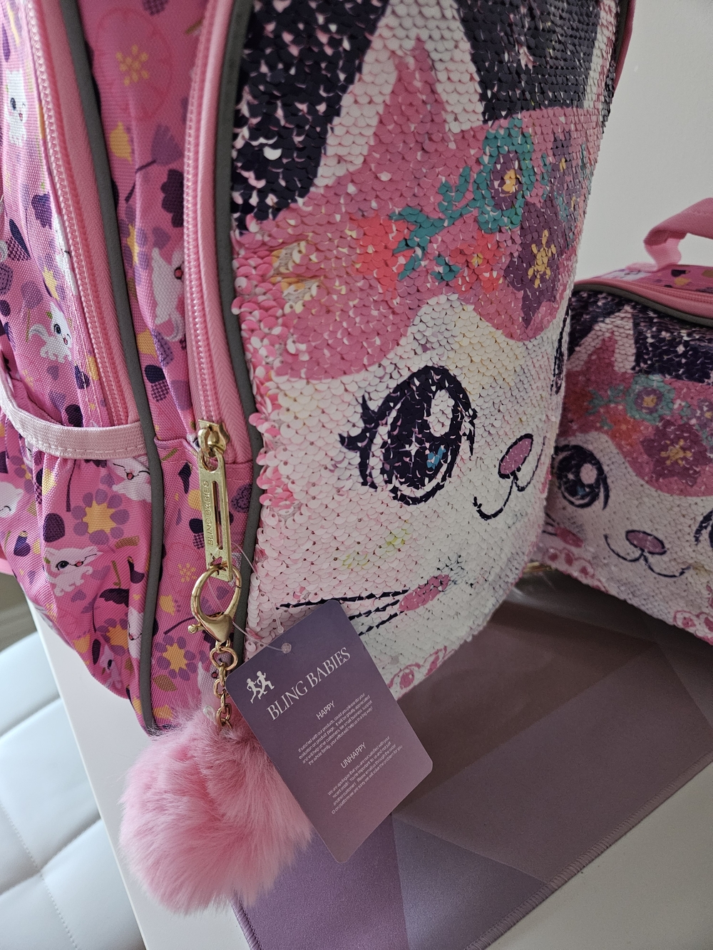 3pc Girls Rolling Backpack Set - Flip Sequin Cat School Bag, Lunch Box & Pencil - Picture 9 of 17